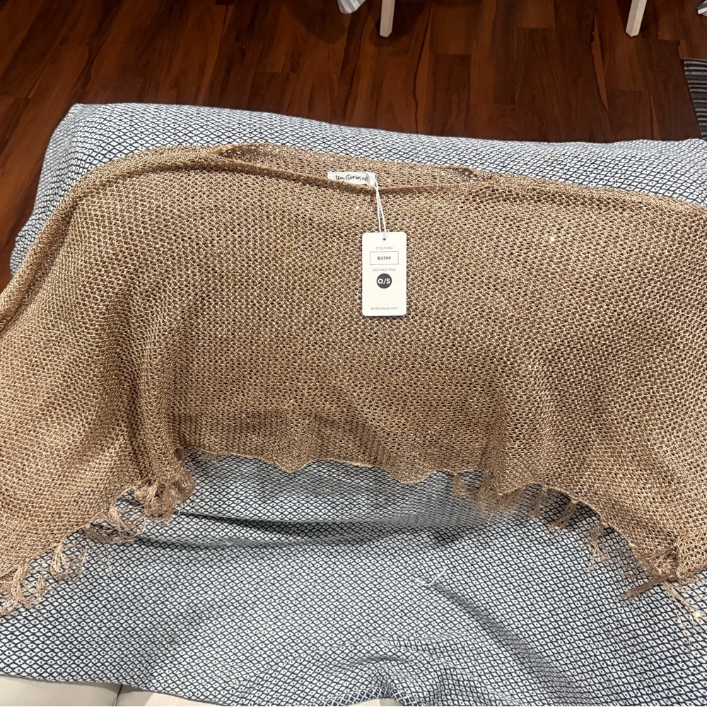 Metallic Gold Open Knit Fringe Poncho Sweater - Picture 4 of 4